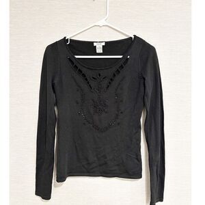 Vintage cache 90s style beaded long sleeve black top